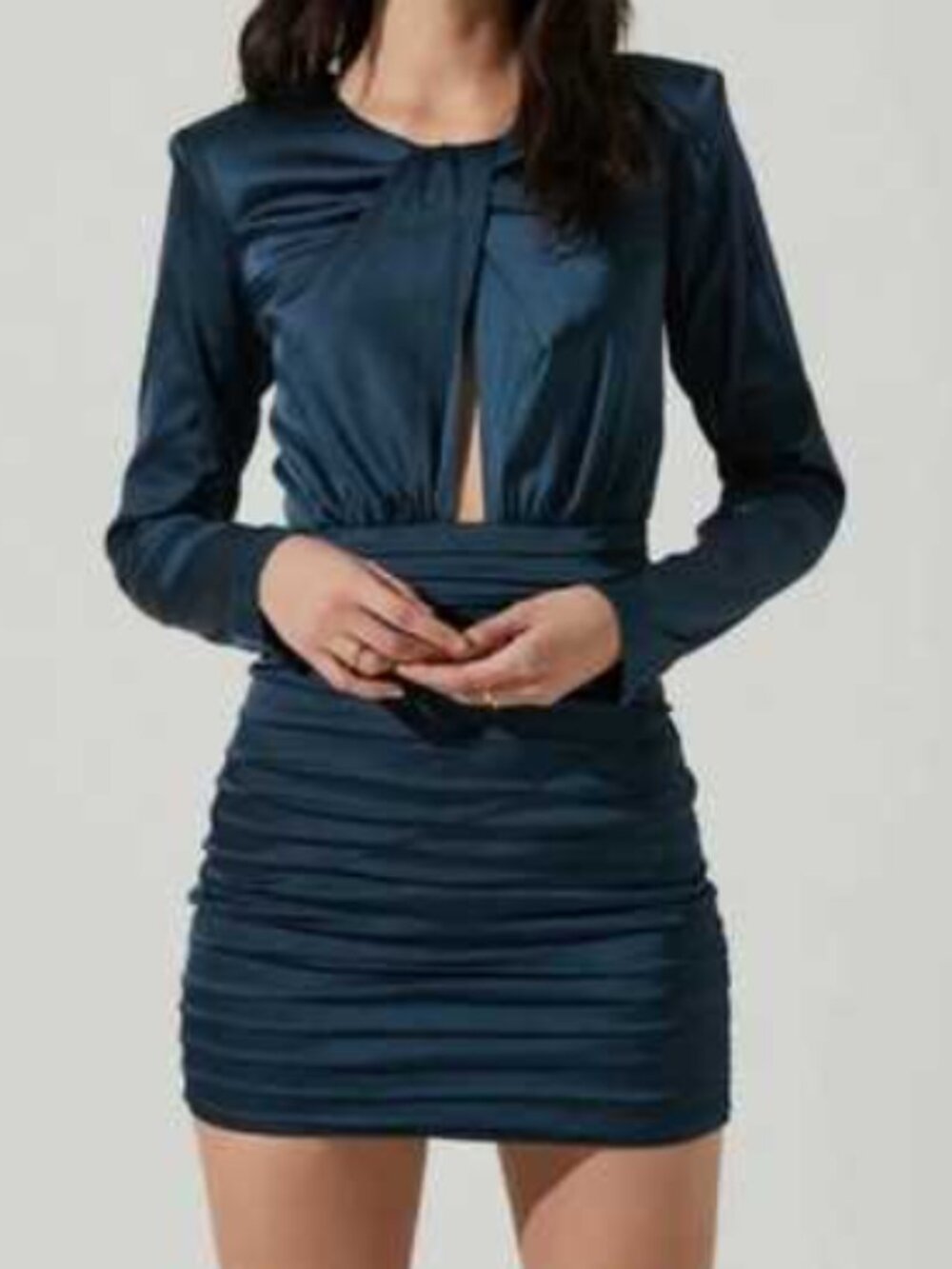 Astr Petrova Dress Dark Teal Long Sleeve Satin Ruched Cutout Mini Size XS